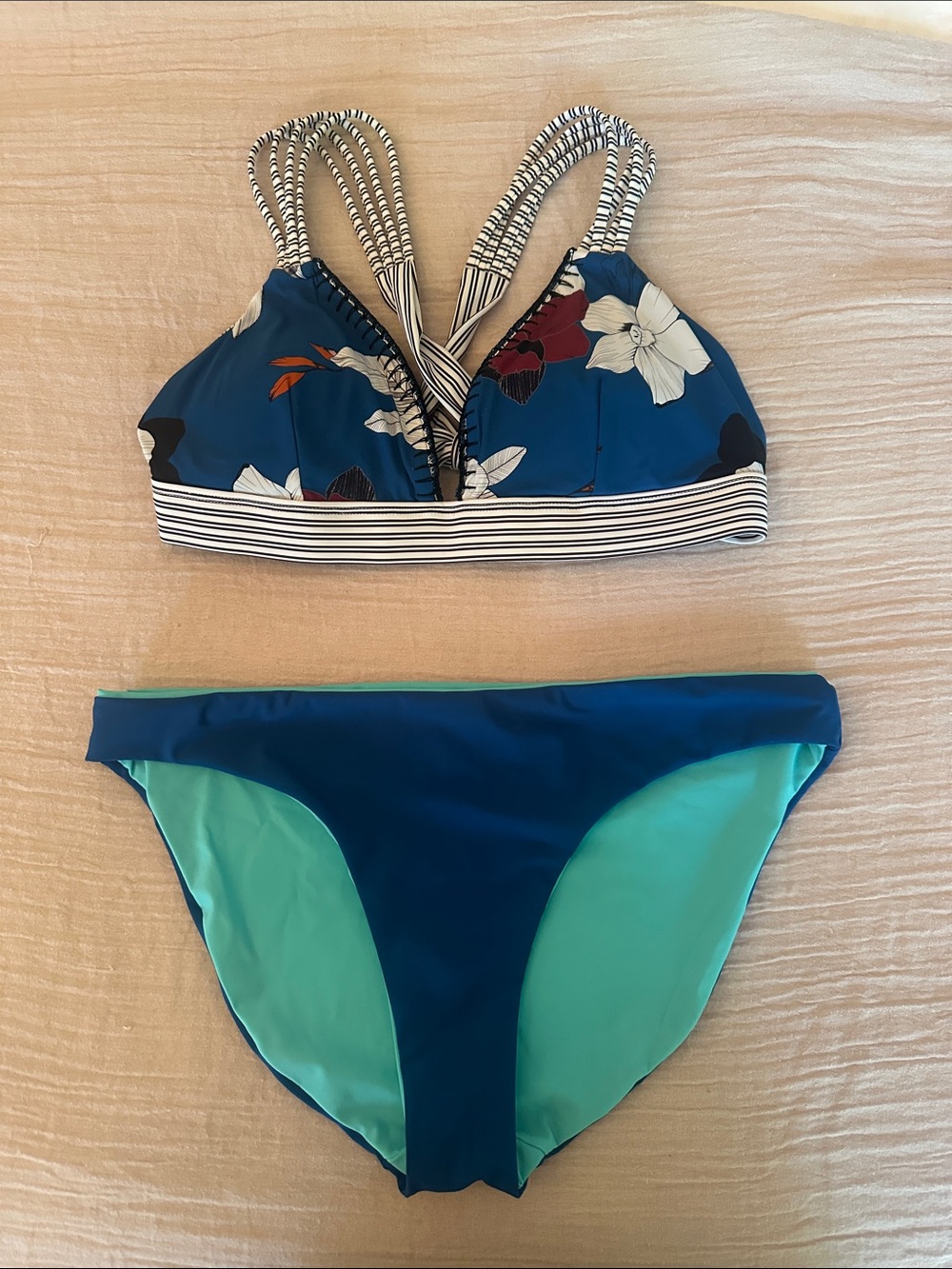 Floral Blue Striped Strap Bikini Set